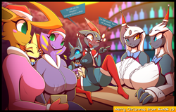 Size: 1960x1257 | Tagged: safe, artist:r-mk, oc, oc only, oc:absol bartender, oc:lucario dealer, oc:naomi (r-mk), absol, arbok, eevee, eeveelution, fictional species, lucario, mammal, sneasel, anthro, digitigrade anthro, nintendo, pokémon, 2018, alcohol, bar, bedroom eyes, big breasts, breasts, christmas, clothes, digital art, dress, drink, drunk, ears, eyelashes, female, females only, fingerless gloves, gloves, hair, hat, headwear, holiday, horn, huge breasts, legwear, new year, open mouth, pointing, santa hat, stockings, suit, tongue, twins, wide hips