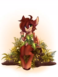 Size: 2000x2647 | Tagged: safe, artist:teranen, elora (spyro), faun, fictional species, mammal, anthro, unguligrade anthro, spyro the dragon (series), 2018, black nose, clothes, detailed background, digital art, dress, ears, eyelashes, female, fur, hair, hooves, looking at you, open mouth, open smile, pose, simple background, smiling, solo, solo female, tail, thighs, tongue
