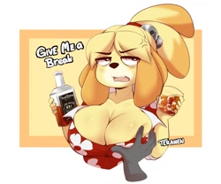 Size: 1280x1066 | Tagged: suggestive, artist:teranen, isabelle (animal crossing), canine, dog, mammal, shih tzu, animal crossing, nintendo, 2020, alcohol, bedroom eyes, black nose, blushing, border, breast grab, breasts, clothes, dialogue, digital art, disembodied hand, drink, ears, eyelashes, female, fur, grope, hair, molestation, open mouth, shirt, simple background, solo, solo female, tail, talking, teeth, tongue, topwear, unamused, whiskey, white border
