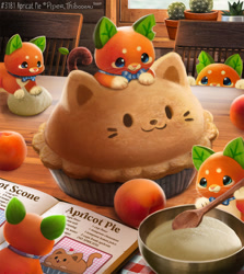 Size: 1080x1212 | Tagged: safe, artist:cryptid-creations, cat, feline, fictional species, food creature, hybrid, mammal, feral, 2022, ambiguous gender, ambiguous only, apricot, apricot pie, book, bowl, cherry, container, cryptid-creations is trying to murder us, cute, food, fruit, group, leaf, pie, pun, reading, recipe, spoon, visual pun, whipped cream