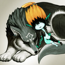 Size: 800x800 | Tagged: safe, artist:karin kinako, link (wolf form), link (zelda), midna (zelda), canine, fictional species, mammal, twili, wolf, feral, humanoid, nintendo, the legend of zelda, the legend of zelda: twilight princess, 2015, 2d, duo, duo male and female, eyes closed, female, male, pixiv, sleeping