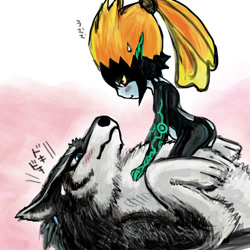 Size: 600x600 | Tagged: safe, artist:karin kinako, link (wolf form), link (zelda), midna (zelda), canine, fictional species, mammal, twili, wolf, feral, humanoid, nintendo, the legend of zelda, the legend of zelda: twilight princess, 2015, 2d, duo, duo male and female, female, japanese text, male, pixiv