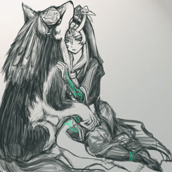 Size: 800x800 | Tagged: safe, artist:karin kinako, link (wolf form), link (zelda), midna (zelda), canine, fictional species, mammal, twili, wolf, feral, humanoid, nintendo, the legend of zelda, the legend of zelda: twilight princess, 2015, 2d, duo, duo male and female, female, male, partial color, pixiv