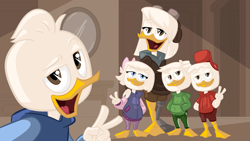 Size: 2400x1350 | Tagged: safe, artist:amorousartist, della duck (disney), dewey duck (disney), huey duck (disney), louie duck (disney), webby vanderquack (ducktales), bird, duck, waterfowl, anthro, disney, ducktales, ducktales (2017), mickey and friends, 2d, beak, brother, brothers, clothes, female, gesture, group, hoodie, lidded eyes, looking at you, male, mother, mother and child, mother and son, open beak, open mouth, peace sign, siblings, son, topwear, triplets