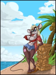 Size: 1080x1440 | Tagged: safe, artist:dutch, mammal, mouse, rodent, anthro, beach, belly button, big breasts, blonde hair, blue eyes, bottomwear, bra, breasts, buckteeth, clothes, cloudy, coconut, feet, female, flip flops, glasses, hair, idol, ocean, palm tree, plant, sand, sandals, shoes, short shorts, shorts, sky, solo, solo female, sunglasses, tattoo, teeth, thick thighs, thighs, toes, tree, underwear, water, wide hips