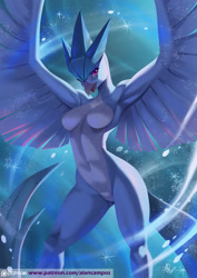 Size: 1414x2000 | Tagged: safe, artist:alanscampos, articuno, fictional species, legendary pokémon, anthro, nintendo, pokémon, 2017, armpits, beak, belly button, breasts, detailed background, digital art, ears, eyelashes, feathered wings, feathers, featureless breasts, featureless crotch, female, fur, hair, looking at you, open mouth, pose, solo, solo female, spread wings, tail, thighs, tongue, wide hips, winged arms, wings