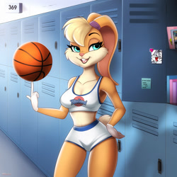Size: 1200x1200 | Tagged: safe, artist:millkydad, lola bunny (looney tunes), lagomorph, mammal, rabbit, anthro, looney tunes, space jam, warner brothers, 2021, ball, basketball, bedroom eyes, belly button, bottomwear, breasts, buckteeth, clothes, crop top, digital art, ears, eyelashes, female, fur, gloves, hair, hand on hip, indoors, locker room, midriff, open mouth, pink nose, pose, shorts, solo, solo female, sports bra, sports shorts, tail, teeth, thighs, tongue, topwear, wide hips