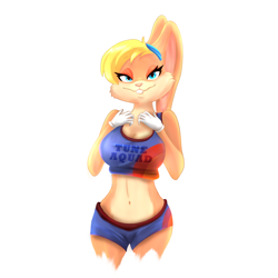 Size: 1280x1280 | Tagged: safe, artist:jbdraw, lola bunny (looney tunes), lagomorph, mammal, rabbit, anthro, looney tunes, space jam, space jam: a new legacy, warner brothers, 2021, bedroom eyes, belly button, bottomwear, breasts, buckteeth, clothes, crop top, digital art, ears, eyelashes, female, fur, gloves, hair, midriff, pink nose, pose, shorts, simple background, solo, solo female, sports bra, sports shorts, tail, teeth, thighs, topwear, white background, wide hips