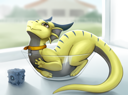 Size: 1280x953 | Tagged: safe, artist:darkcat613, oc, oc only, fictional species, kobold, reptile, feral, 2022, ambiguous gender, behaving like a cat, bowl, collar, commission, container, detailed background, digital art, horns, if i fits i sits, scales, solo, solo ambiguous, tail, thighs, window