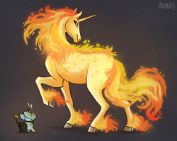 Size: 1280x1017 | Tagged: safe, artist:jenery, fictional species, mammal, rapidash, feral, nintendo, pokémon, 2022, 2d, ambiguous gender, duo, female, looking at you, looking back, looking back at you, mare