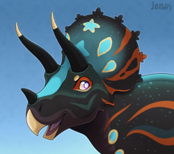 Size: 1280x1133 | Tagged: safe, artist:jenery, ceratops, dinosaur, triceratops, feral, 2d, bust, female, front view, gradient background, looking at you, open mouth, solo, solo female, three-quarter view
