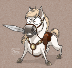 Size: 2527x2372 | Tagged: safe, artist:jenery, maximus (tangled), equine, horse, mammal, disney, tangled (disney), 2d, front view, male, solo, solo male, stallion, sword, three-quarter view, ungulate, weapon
