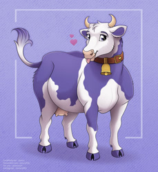 Size: 1280x1400 | Tagged: safe, artist:jenery, bovid, cattle, cow, mammal, feral, milka, 2d, bell, blep, cloven hooves, collar, cute, digital art, ears, female, front view, fur, heart, hooves, horns, looking at you, purple background, purple body, purple eyes, purple fur, simple background, solo, solo female, tail, tail tuft, tongue, tongue out, udders, white body, white fur
