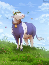 Size: 1280x1705 | Tagged: safe, artist:jenery, arthropod, bovid, butterfly, cattle, cow, insect, mammal, feral, milka, 2d, bell, cloud, cloven hooves, collar, day, digital art, ears, eyes closed, female, front view, fur, grass, hooves, horns, outdoors, purple body, purple fur, sky, smiling, solo, solo female, tail, tail tuft, three-quarter view, udders, ungulate, white body, white fur