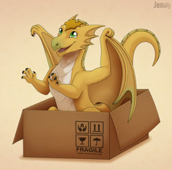 Size: 1280x1268 | Tagged: safe, artist:jenery, dragon, fictional species, western dragon, semi-anthro, 2d, box, container, cute, dragoness, eyelashes, female, front view, green eyes, solo, solo female, three-quarter view, yellow body