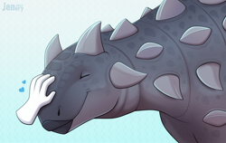 Size: 1280x810 | Tagged: safe, artist:jenery, ankylosaurus, dinosaur, reptile, feral, 2022, 2d, ambiguous gender, cute, disembodied hand, eyes closed, petting, smiling, solo focus
