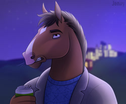 Size: 1280x1061 | Tagged: safe, artist:jenery, bojack horseman (bojack horseman), equine, horse, mammal, anthro, bojack horseman, 2d, alcohol, beer, black body, black fur, brown body, brown fur, can, clothes, container, digital art, drink, ears, fur, looking at you, male, outdoors, solo, solo male, sweater, topwear, ungulate