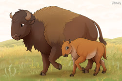 Size: 1280x854 | Tagged: safe, artist:jenery, bison, bovid, mammal, feral, 2d, brown body, brown eyes, brown fur, daughter, duo, father, father and child, father and daughter, female, fur, male