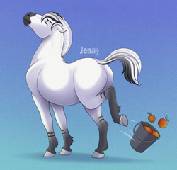 Size: 1280x1229 | Tagged: safe, artist:jenery, equine, horse, mammal, feral, 2d, apple, bucket, butt, eyes closed, food, fruit, kicking, male, solo, solo male, stallion, ungulate