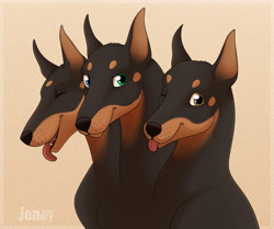 Size: 1280x1070 | Tagged: safe, artist:jenery, canine, cerberus, doberman, dog, fictional species, mammal, feral, 2d, ambiguous gender, blep, bust, eyes closed, front view, heterochromia, looking at you, multiple heads, one eye closed, smiling, smiling at you, solo, solo ambiguous, three heads, three-quarter view, tongue, tongue out, winking