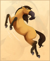 Size: 1280x1553 | Tagged: safe, artist:jenery, spirit (cimarron), equine, horse, mammal, feral, dreamworks animation, spirit: stallion of the cimarron, 2d, angry, boots, clothes, male, shoes, solo, solo male, stallion, stuck, zoom layer