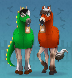 Size: 1280x1377 | Tagged: safe, artist:jenery, equine, horse, mammal, feral, 2d, bag, blue eyes, clothes, container, costume, duo, female, green eyes, halloween, halloween costume, holding, looking at you, looking back, looking back at you, male, mare, mouth hold, stallion, trick or treat