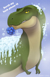 Size: 1280x1972 | Tagged: safe, artist:jenery, dinosaur, theropod, tyrannosaurus rex, feral, 2d, dialogue, loofah, looking at you, male, shower, solo, solo male, suds, talking, talking to viewer