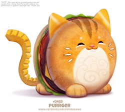 Size: 600x536 | Tagged: safe, artist:cryptid-creations, cat, feline, fictional species, food creature, mammal, feral, 2d, ambiguous gender, burger, cheese, cryptid-creations is trying to murder us, cute, dairy products, eyes closed, food, front view, lettuce, meat, pun, simple background, smiling, solo, solo ambiguous, three-quarter view, vegetables, visual pun, white background