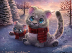 Size: 950x700 | Tagged: safe, artist:cryptid-creations, big cat, feline, mammal, snow leopard, feral, 2d, ambiguous gender, ambiguous only, blue eyes, clothes, conifer tree, cryptid-creations is trying to murder us, cub, cute, duo, duo ambiguous, fur, gray body, gray fur, parent and child, paw pads, paws, plant, scarf, sitting, snow, snowfall, snowflake, tree, young