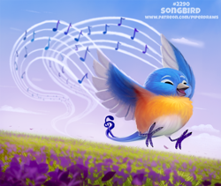 Size: 800x676 | Tagged: safe, artist:cryptid-creations, bird, bluebird, songbird, feral, 2d, ambiguous gender, beak, eyes closed, flower, front view, musical note, open beak, open mouth, plant, singing, solo, solo ambiguous, three-quarter view