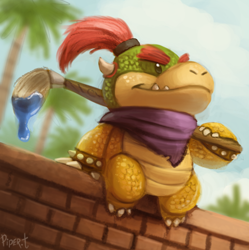 Size: 600x602 | Tagged: safe, artist:cryptid-creations, bowser jr. (mario), fictional species, koopa, reptile, semi-anthro, mario (series), nintendo, 2d, front view, holding, holding object, male, paint, paintbrush, palm tree, plant, signature, sitting, smiling, solo, solo male, three-quarter view, tree, wall