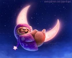 Size: 870x696 | Tagged: safe, alternate version, artist:cryptid-creations, mammal, sloth, three-toed sloth, feral, 2d, ambiguous gender, clothes, crescent moon, drooling, eyes closed, moon, night, night sky, nightcap, nightgown, pajamas, saliva, sky, sleeping, solo, solo ambiguous, starry night
