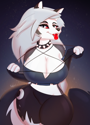 Size: 724x1000 | Tagged: safe, artist:sjevi, loona (vivzmind), canine, fictional species, hellhound, mammal, anthro, hazbin hotel, helluva boss, 2022, breasts, clothes, ears, female, gray hair, hair, huge breasts, long hair, looking at you, smiling, smiling at you, solo, solo female, tail, thick thighs, thighs