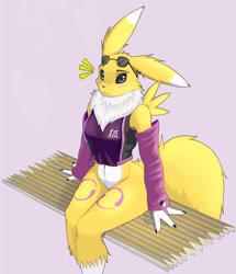 Size: 2174x2525 | Tagged: safe, artist:raxelnsfw, fictional species, renamon, anthro, digitigrade anthro, digimon, 2021, black nose, black sclera, bottomless, breasts, clothes, colored sclera, digital art, ears, evening gloves, eyelashes, featureless crotch, female, fluff, fur, glasses, glasses on head, gloves, long gloves, looking at you, neck fluff, nudity, partial nudity, sitting, solo, solo female, sunglasses, sunglasses on head, tail, tank top, thighs, topwear, wide hips