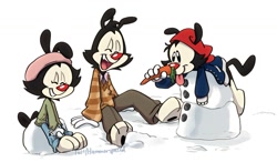 Size: 1577x921 | Tagged: safe, artist:hammerspaced, dot warner (animaniacs), wakko warner (animaniacs), yakko warner (animaniacs), animaniac (species), fictional species, anthro, plantigrade anthro, animaniacs, warner brothers, 2022, brother, brother and sister, brothers, female, group, male, siblings, sister, snowman, trio, winter