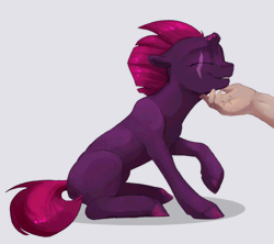 Size: 680x605 | Tagged: safe, artist:silfoe, artist:szafir87, edit, tempest shadow (mlp), equine, fictional species, mammal, pony, unicorn, feral, friendship is magic, hasbro, my little pony, my little pony: the movie, 2018, 2d, 2d animation, animated, broken horn, cute, disembodied hand, eye scar, eyes closed, female, female focus, gif, happy, horn, mare, scar, sitting, smiling, solo focus