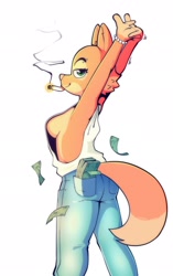 Size: 1290x2048 | Tagged: safe, artist:noogatdelight, diane foxington (the bad guys), canine, fox, mammal, anthro, dreamworks animation, the bad guys, bedroom eyes, big breasts, big butt, bracelet, braless, breasts, butt, cigarette, clothes, female, green eyes, jeans, jewelry, looking at you, looking back, looking back at you, pants, smiling, smiling at you, smoking, solo, solo female, stretching, thick thighs, thighs, vixen, wide hips