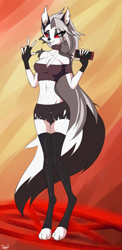 Size: 2200x4500 | Tagged: safe, artist:akylie, loona (vivzmind), canine, fictional species, hellhound, mammal, anthro, digitigrade anthro, hazbin hotel, helluva boss, 2019, bottomwear, breasts, cell phone, clothes, collar, colored sclera, crop top, cropped shirt, digital art, ear piercing, eye through hair, eyebrow through hair, eyebrows, female, gesture, gray hair, hair, legwear, midriff, peace sign, pentagram, phone, piercing, red sclera, shirt, shorts, signature, smartphone, smiling, solo, solo female, spiked collar, tail, topwear, white body, white hair