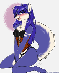 Size: 720x900 | Tagged: suggestive, artist:rika, canine, fox, mammal, anthro, blushing, clothes, corset, female, panties, solo, solo female, underwear