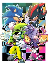 Size: 1364x1785 | Tagged: safe, artist:soleildiddle, blaze the cat (sonic), shadow the hedgehog (sonic), sonic the hedgehog (sonic), surge the tenrec (sonic), cat, feline, hedgehog, mammal, tenrec, anthro, idw sonic the hedgehog, sega, sonic the hedgehog (series), 2022, female, group, male