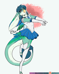 Size: 768x960 | Tagged: safe, artist:rika, sailor mercury (sailor moon), oc, oc:sonnet (sonnybird), bird, feline, fictional species, gryphon, mammal, anthro, sailor moon, clothes, cosplay, feathered wings, feathers, solo, wings