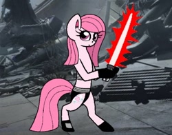 Size: 612x480 | Tagged: safe, artist:noi kincade, oc, oc only, oc:annisa trihapsari, earth pony, equine, fictional species, mammal, pony, feral, friendship is magic, hasbro, my little pony, star wars, 2022, bipedal, cosplay, crossover, female, hair, lightsaber, looking at you, mane, pink body, pink hair, pink mane, pink tail, solo, solo female, tail, weapon
