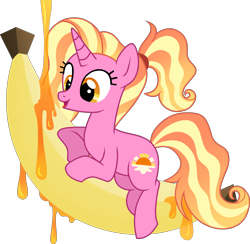 Size: 2030x1982 | Tagged: safe, artist:muhammad yunus, artist:syriskater, luster dawn (mlp), equine, fictional species, mammal, pony, unicorn, feral, cc by, creative commons, friendship is magic, hasbro, my little pony, 2022, banana, base used, caramel, female, food, fruit, hair, high res, mane, mare, medibang paint, pink body, simple background, solo, solo female, tail, transparent background
