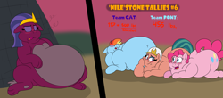 Size: 5500x2420 | Tagged: suggestive, artist:rupertbluefox, pinkie pie (mlp), rainbow dash (mlp), somnambula (mlp), sphinx (mlp), earth pony, equine, feline, fictional species, mammal, pegasus, pony, sphinx, series:miles&nilesofcat&fat, friendship is magic, hasbro, my little pony, 2 panel comic, belly, belly bed, belly hug, big belly, big butt, bipedal, blushing, butt, chubby cheeks, comic, desert, duo, duo female, egyptian, eyes closed, eyeshadow, fat, fat fetish, featureless crotch, female, females only, fetish, floppy ears, hoof on cheek, hug, huge belly, hyper, hyper belly, incentive drive, lidded eyes, lying down, makeup, mare, missing accessory, obese, paws, prone, puffy cheeks, pyramid, shocked, sinking, size difference, smiling, sunset, tongue, tongue out, twilight (astronomy), unamused, underpaw, weight gain