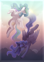 Size: 3507x4960 | Tagged: safe, artist:kikirdcz, princess celestia (mlp), princess luna (mlp), alicorn, equine, fictional species, mammal, pony, feral, friendship is magic, hasbro, my little pony, 2022, absurd resolution, duo, duo female, ethereal mane, ethereal tail, eyelashes, eyes closed, feathered wings, feathers, female, females only, flying, horn, mare, siblings, sister, sisters, tail, wings