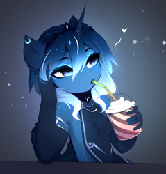 Size: 1909x2000 | Tagged: safe, artist:magnaluna, princess luna (mlp), alicorn, equine, fictional species, mammal, pony, anthro, friendship is magic, hasbro, my little pony, 2022, anthrofied, breasts, clothes, container, cup, drink, drinking, drinking straw, eyebrow through hair, eyebrows, female, hair, hand on head, heart, love heart, mare, sideboob, smoothie, solo, solo female