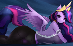 Size: 2558x1624 | Tagged: suggestive, artist:kamushek228, twilight sparkle (mlp), alicorn, equine, fictional species, mammal, pony, anthro, friendship is magic, hasbro, my little pony, spoiler, spoiler:the last problem (mlp:fim), 2022, anthrofied, breasts, clothes, crown, eyelashes, feathered wings, feathers, female, headwear, high res, horn, jewelry, legwear, looking at you, lying down, mare, multicolored mane, multicolored tail, nylon, older, panties, prone, purple body, purple wings, regalia, see-through, smiling, smiling at you, solo, solo female, stockings, tail, tights, underwear, wings