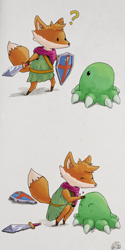 Size: 2000x4000 | Tagged: safe, artist:meater6, ruin seeker (tunic), canine, fox, mammal, anthro, tunic (game), 2022, ambiguous gender, belt, clothes, comic, duo, duo ambiguous, fur, happy, high res, no mouth, petting, question mark, scarf, shield, signature, simple background, slime, slorm, slorm (tunic), sword, tail, tunic, weapon
