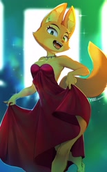 Size: 1705x2749 | Tagged: safe, artist:yuio, diane foxington (the bad guys), canine, fox, mammal, anthro, dreamworks animation, the bad guys, 2022, barefoot, breasts, clothes, dress, ears, feet, female, looking at you, smiling, smiling at you, solo, solo female, tail, thighs, vixen