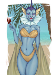 Size: 960x1280 | Tagged: safe, artist:missonika, eeveelution, fictional species, mammal, vaporeon, anthro, nintendo, pokémon, 2022, anthrofied, beach, bedroom eyes, belly button, bikini, black nose, blue body, breasts, cleavage, clothes, dessert, digital art, ears, eyelashes, female, fins, food, fur, hair, ice cream, ice cream bar, midriff, purple eyes, solo, solo female, swimsuit, tail, thighs, towel, wide hips